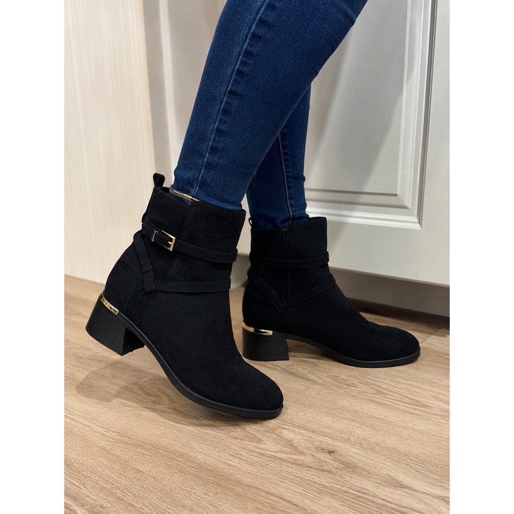 Calvin Klein Black Faux Suede Buckle Ankle Boots Gold Tone Block Heel 8.5